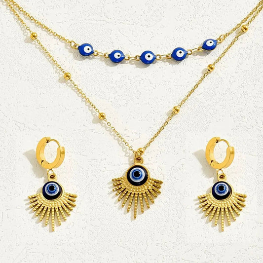 18K Gold Plated Resin Necklace and Earrings Set With Evil Eye Beads - Fritsch & Co.