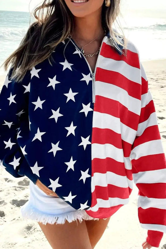 American Flag Print Half Zip Sweatshirt For Women Casual Everyday Wear - Fritsch & Co.