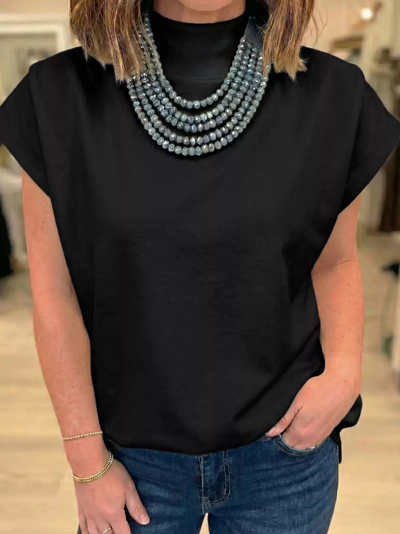 Black Mock Neck Cap Sleeve Blouse For Women Casual Office Top - Fritsch & Co.