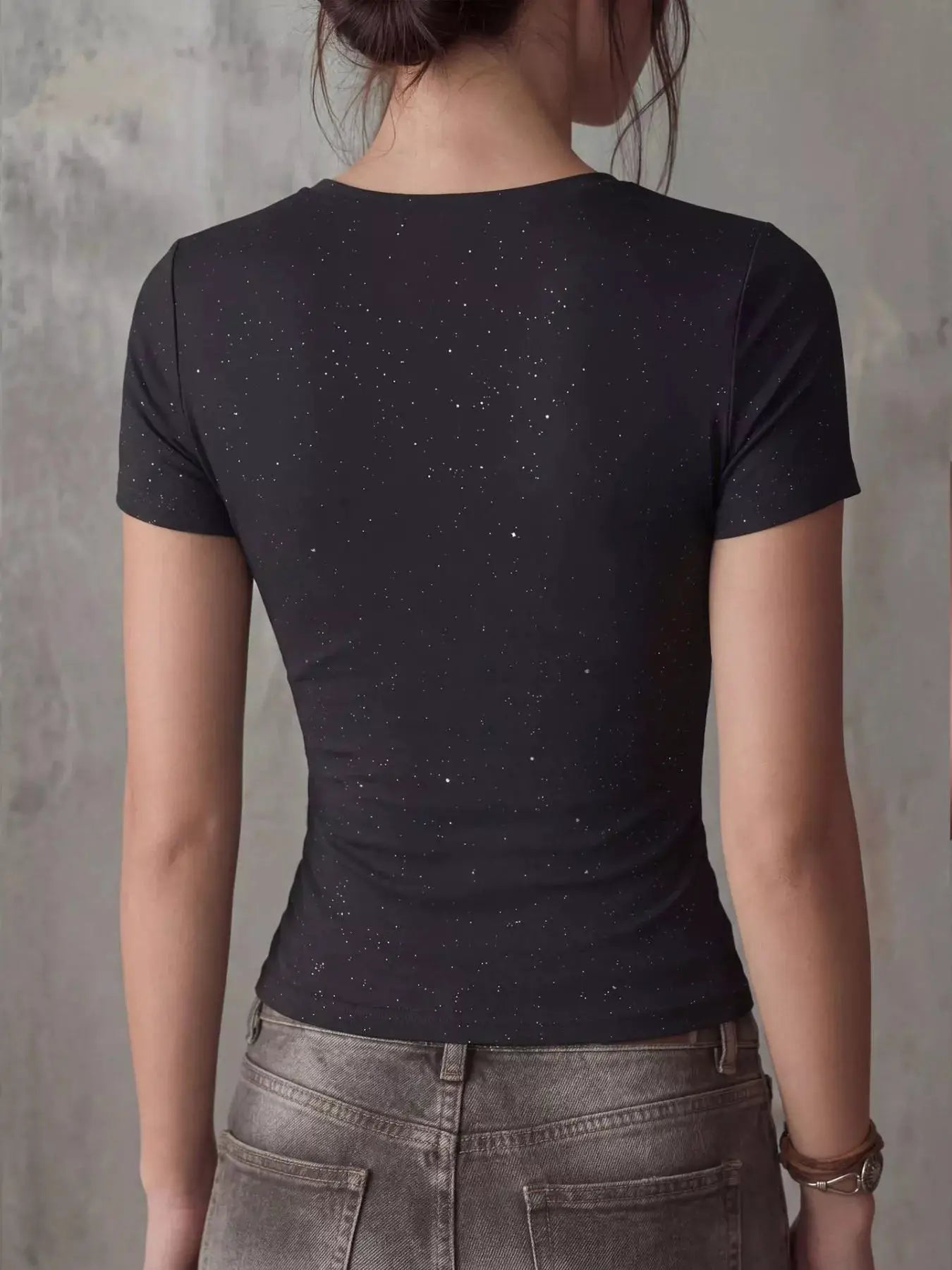 Crossover Short Sleeve Fitted Tee With Crisscross Neckline - Fritsch & Co.