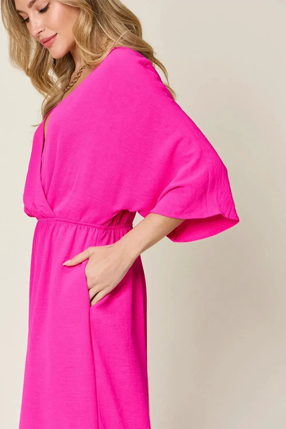 Double Take Surplice Wide Leg Jumpsuit With Pockets Full Size - Fritsch & Co.
