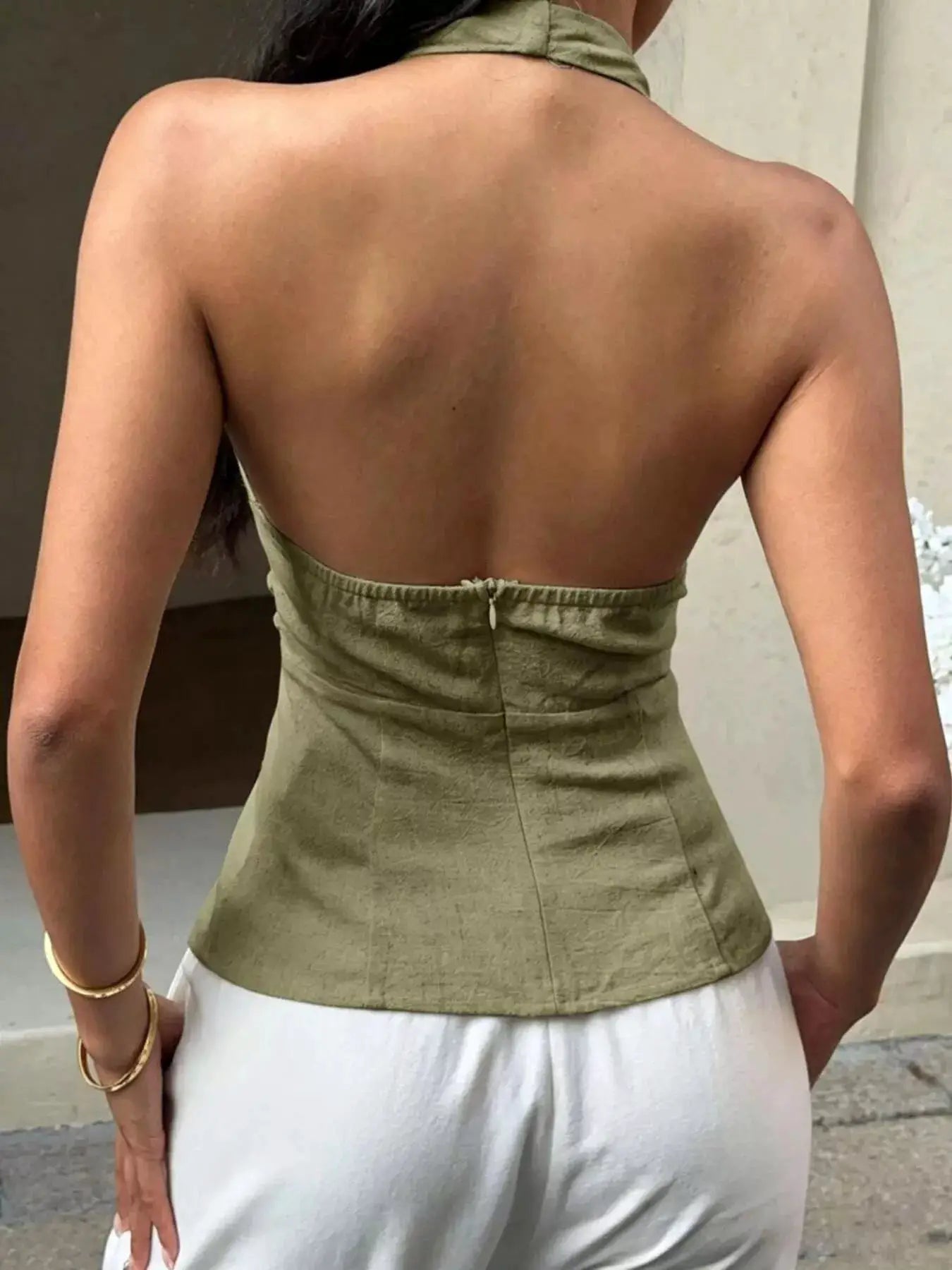 Halter Neck Buckle Tank Top With Zipper Olive Green Polyester - Fritsch & Co.