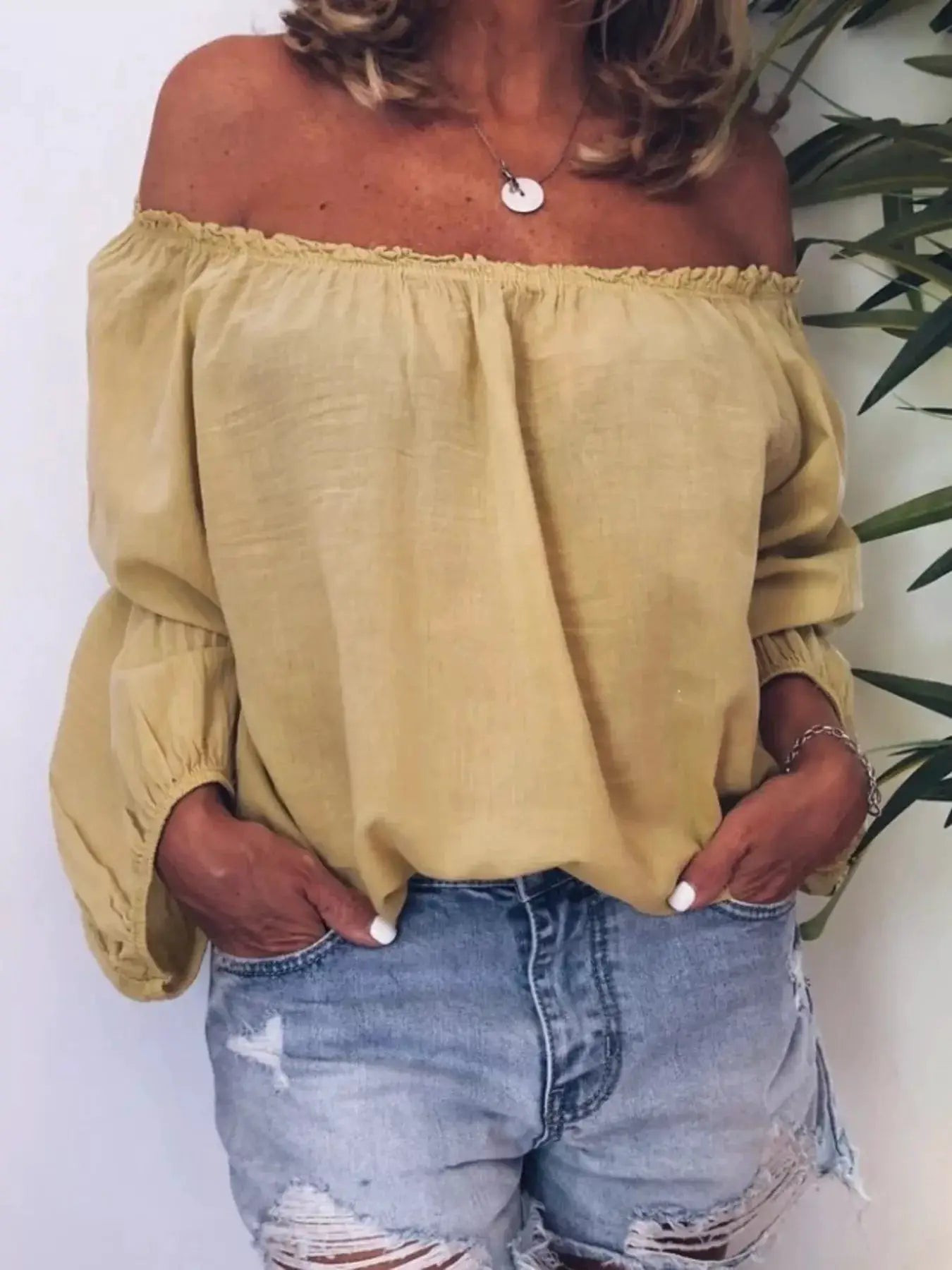 Off - Shoulder Frill Trim Blouse Polyester Top for Women - Fritsch & Co.