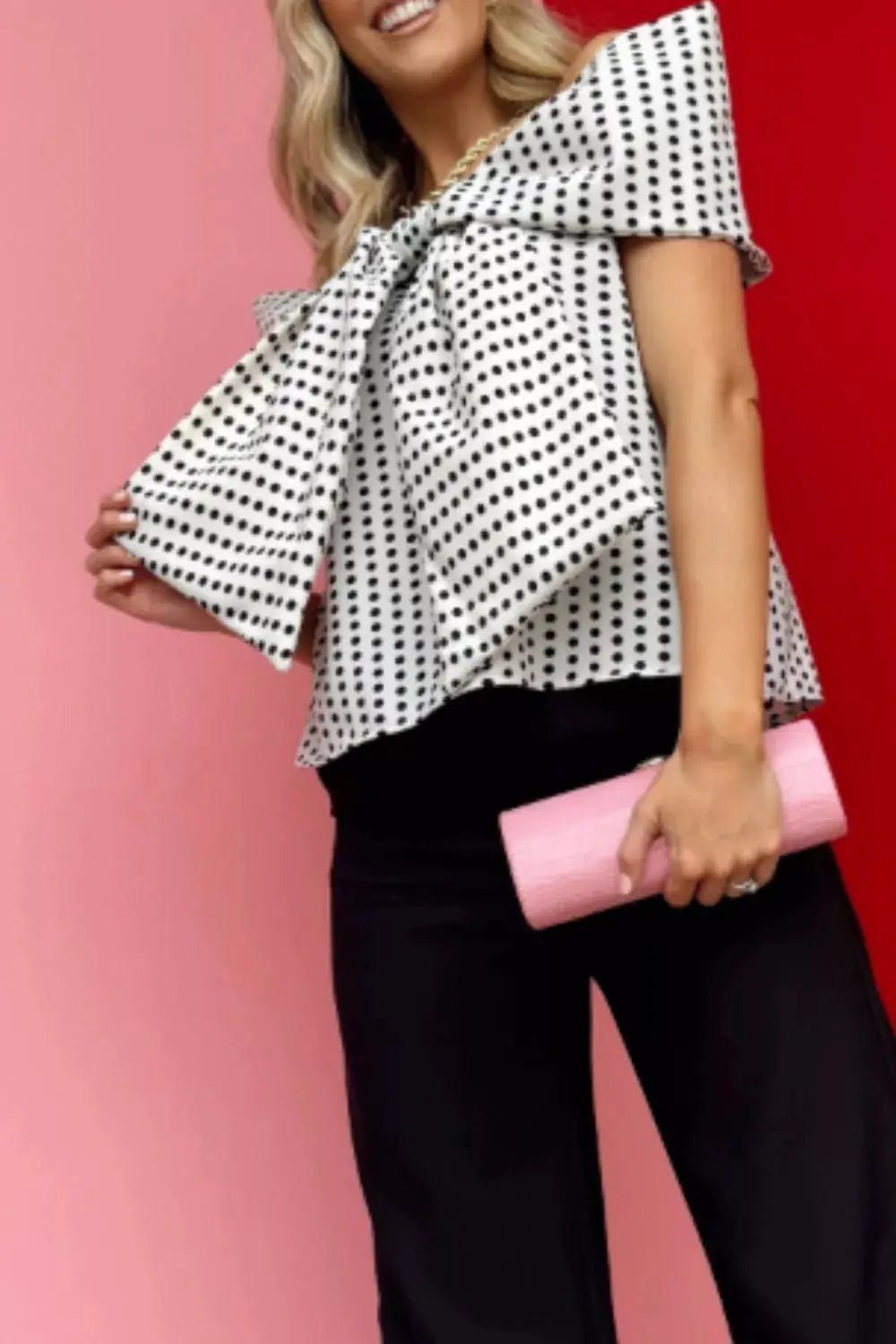 Polka Dot Off Shoulder Bow Knot Short Sleeve Blouse - Fritsch & Co.
