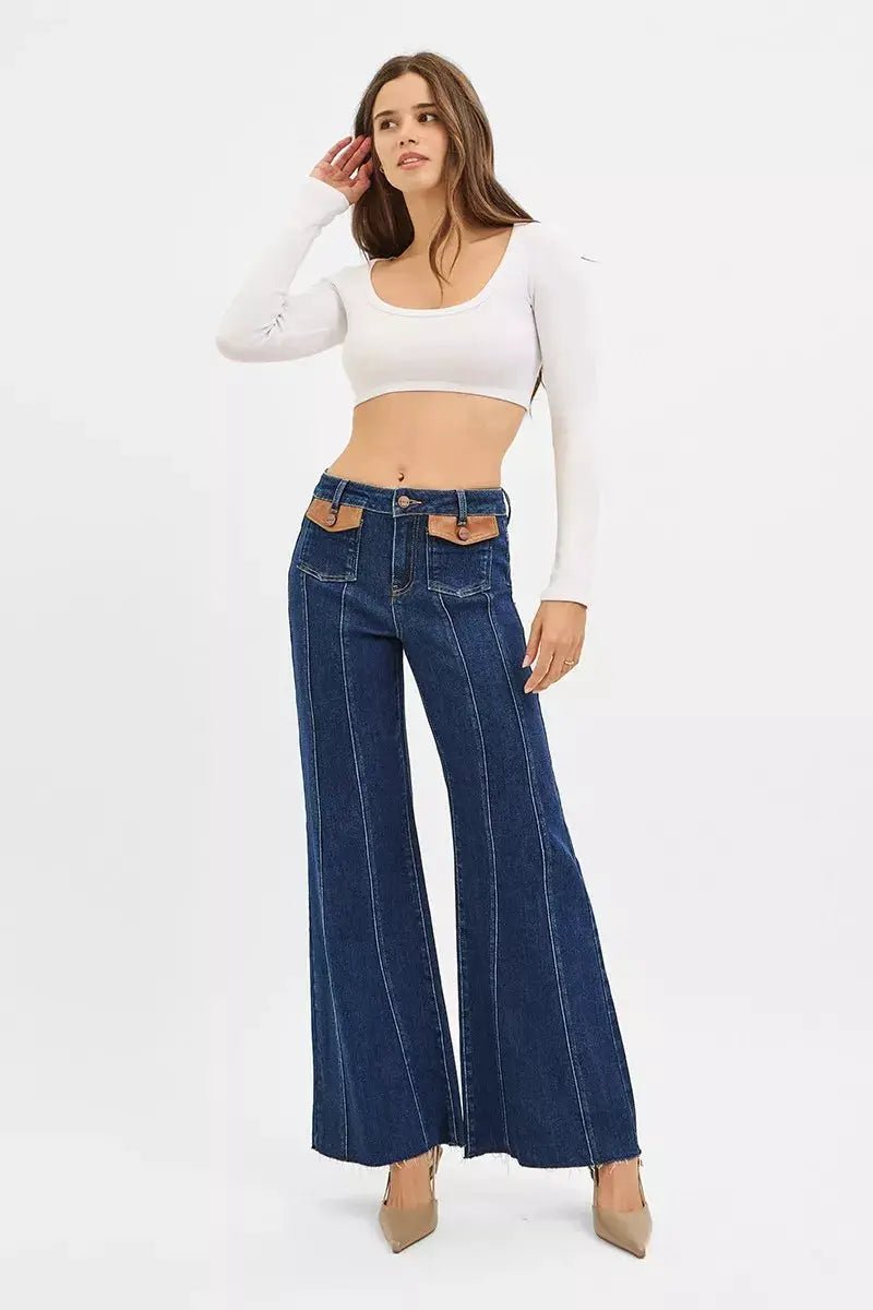 Risen High Rise Wide Flare Jeans With Front Leather Pocket Detail - Fritsch & Co.