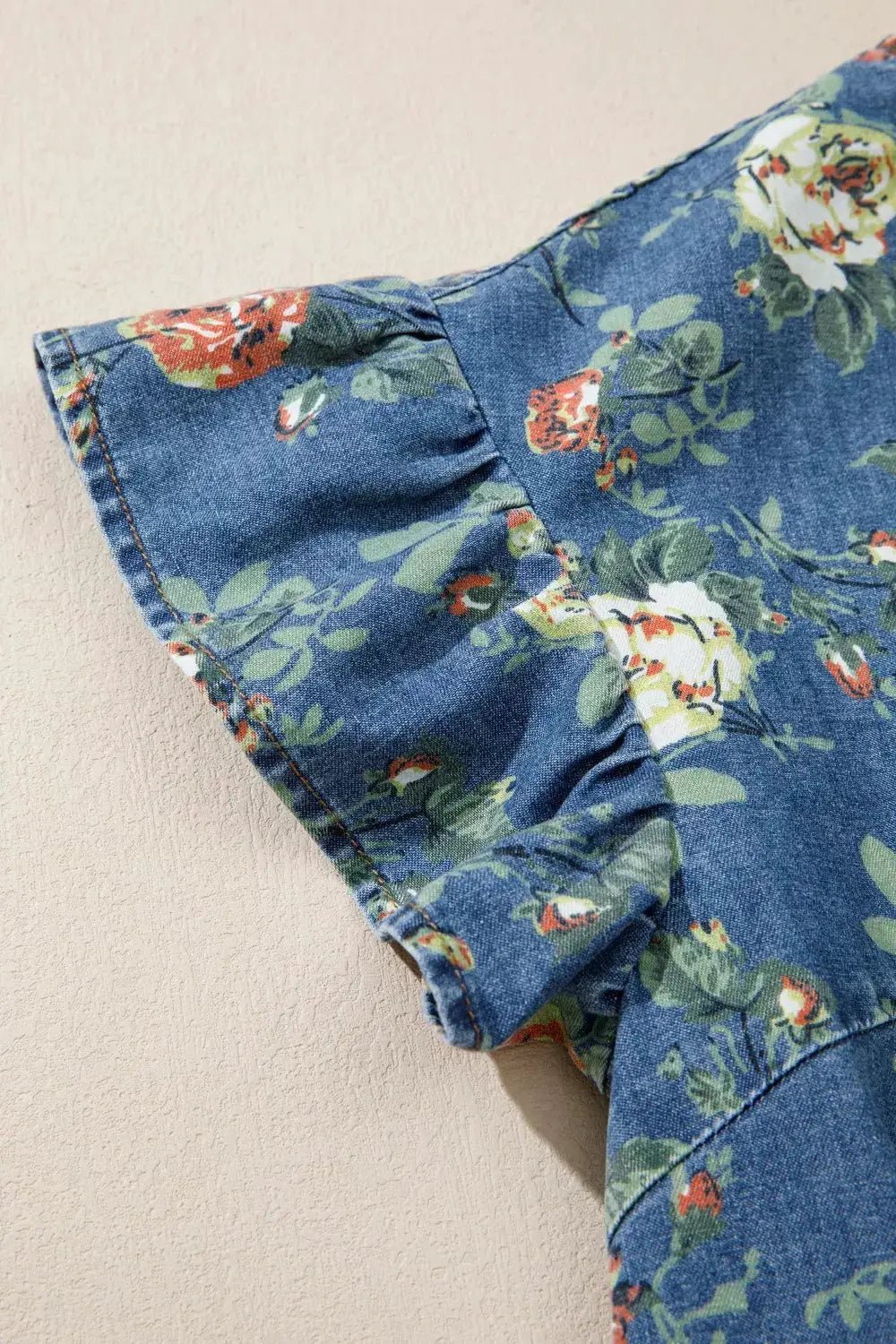 Ruffled Floral Denim Top With Short Sleeves For Women - Fritsch & Co.
