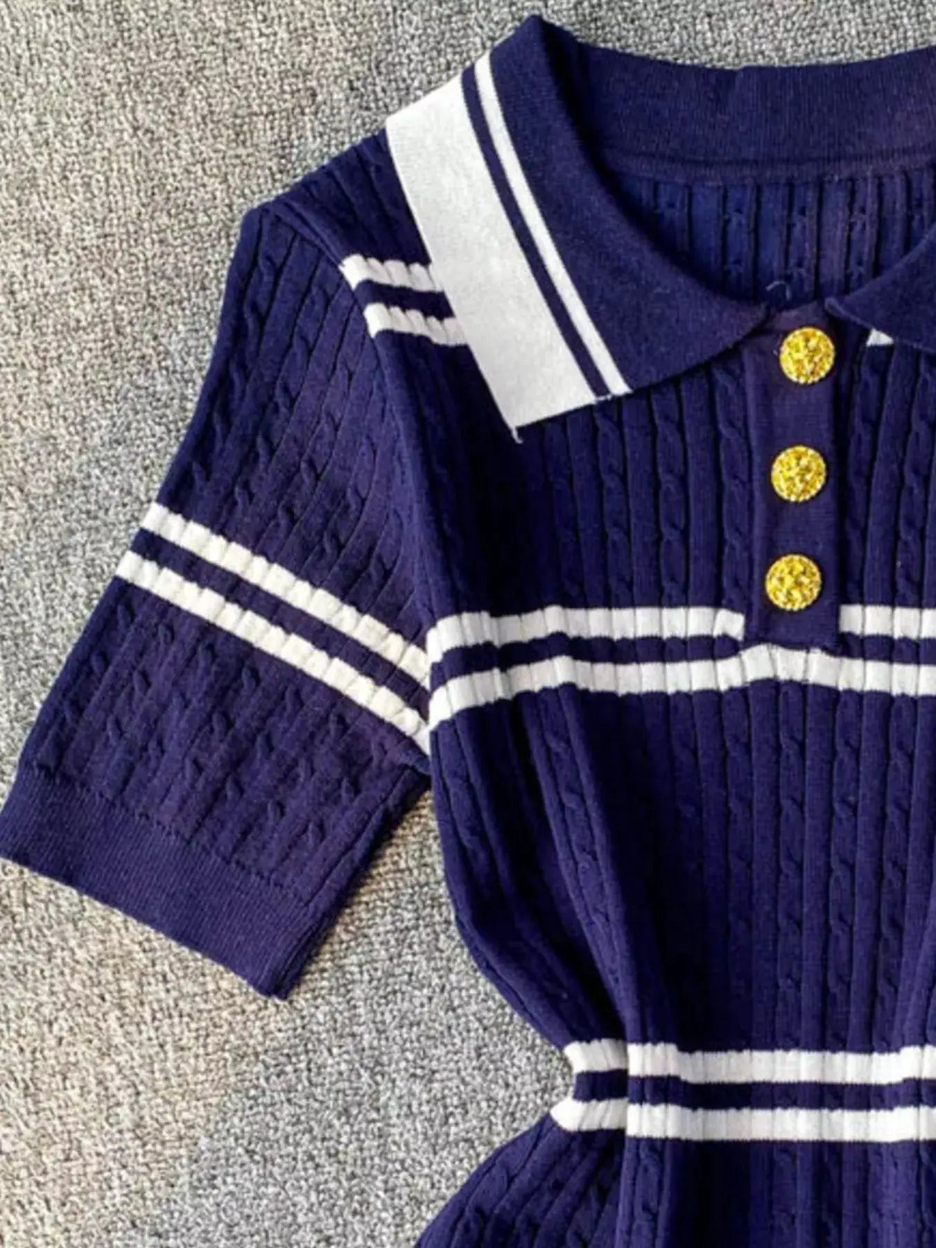 Striped Knit Polo Collar Top For Women With Button Front And Stretch - Fritsch & Co.