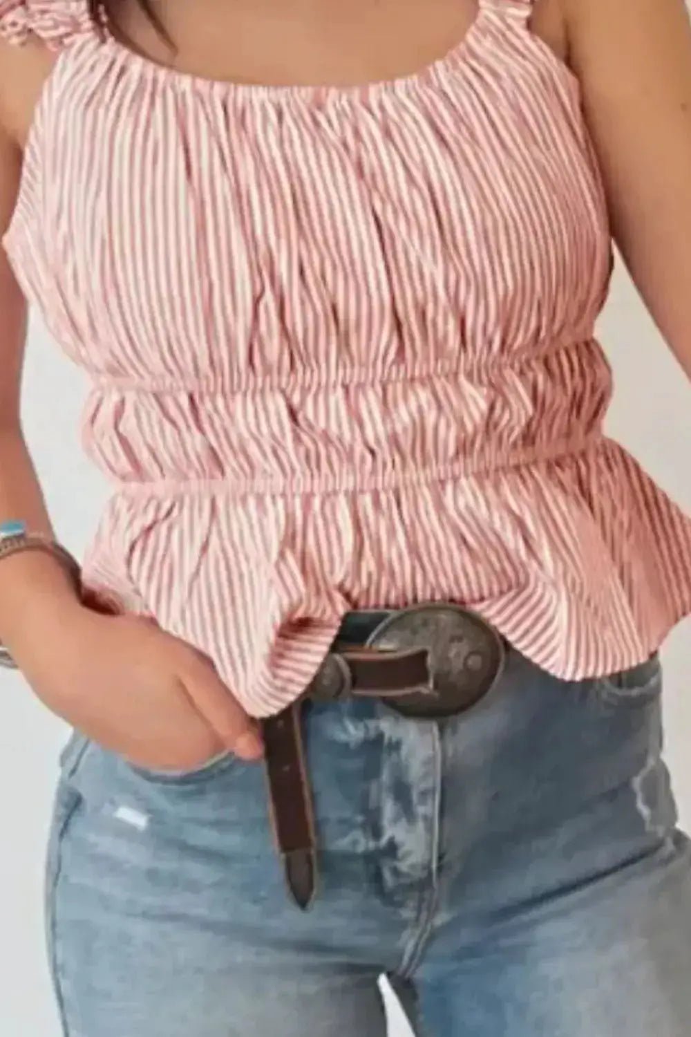 Striped Smocked Waist Ruffle Sleeve Blouse for Women - Fritsch & Co.