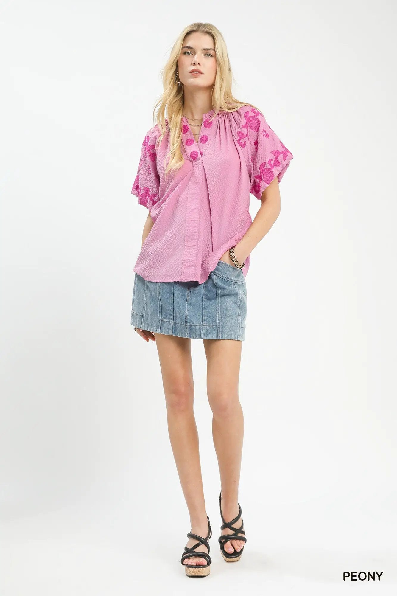 Umgee Embroidered Textured Flutter Sleeve Top Pink - Fritsch & Co.