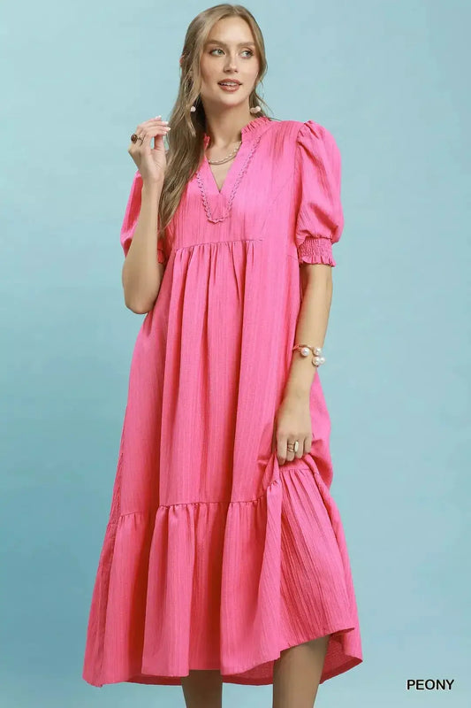Umgee Textured Puff Sleeve Midi Dress by Trendsi
