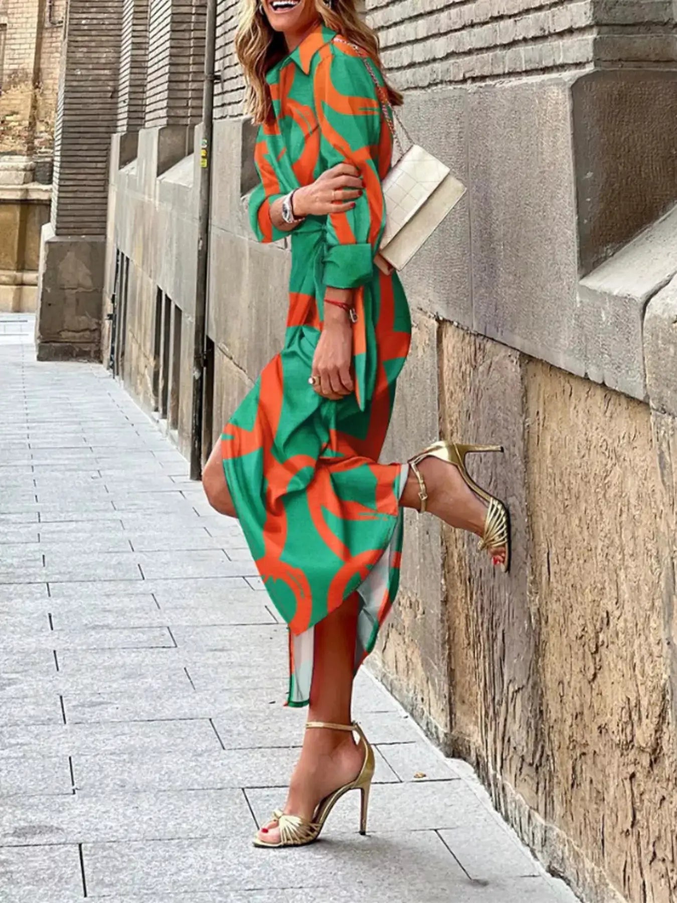 Printed Collared Neck Shirt Dress by Trendsi