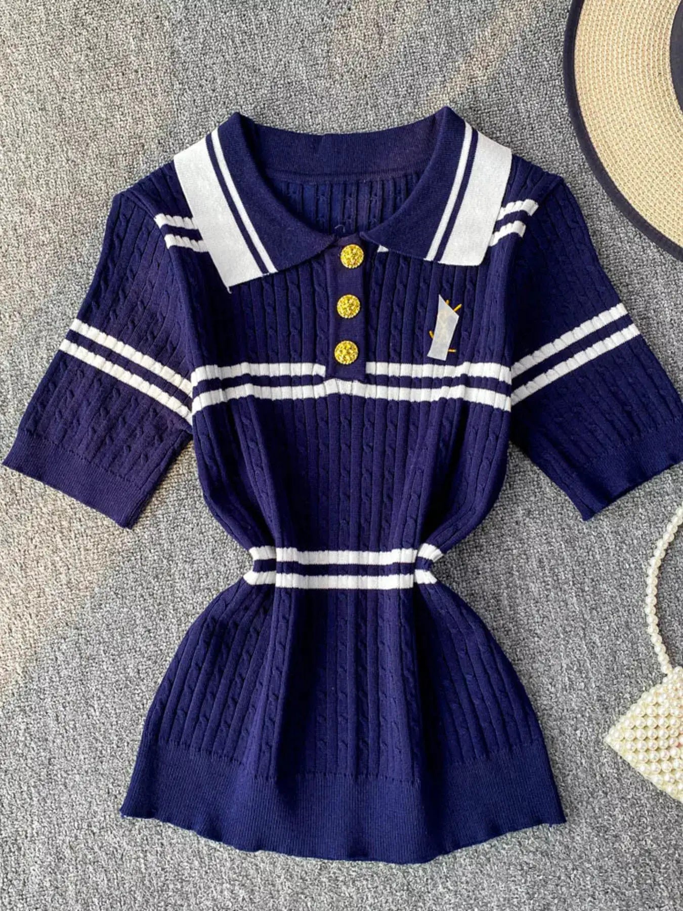 Striped Knit Polo Collar Top by Trendsi