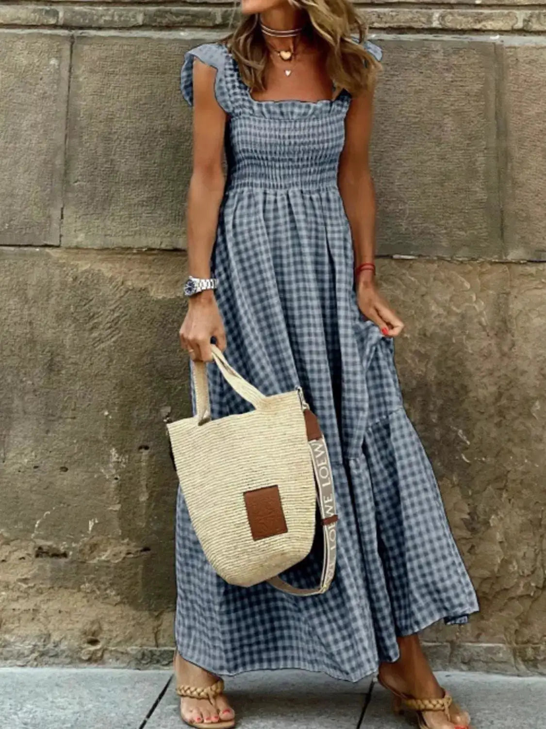 Full Size Gingham Smocked Ruffle Maxi Dress Plus Size by Trendsi