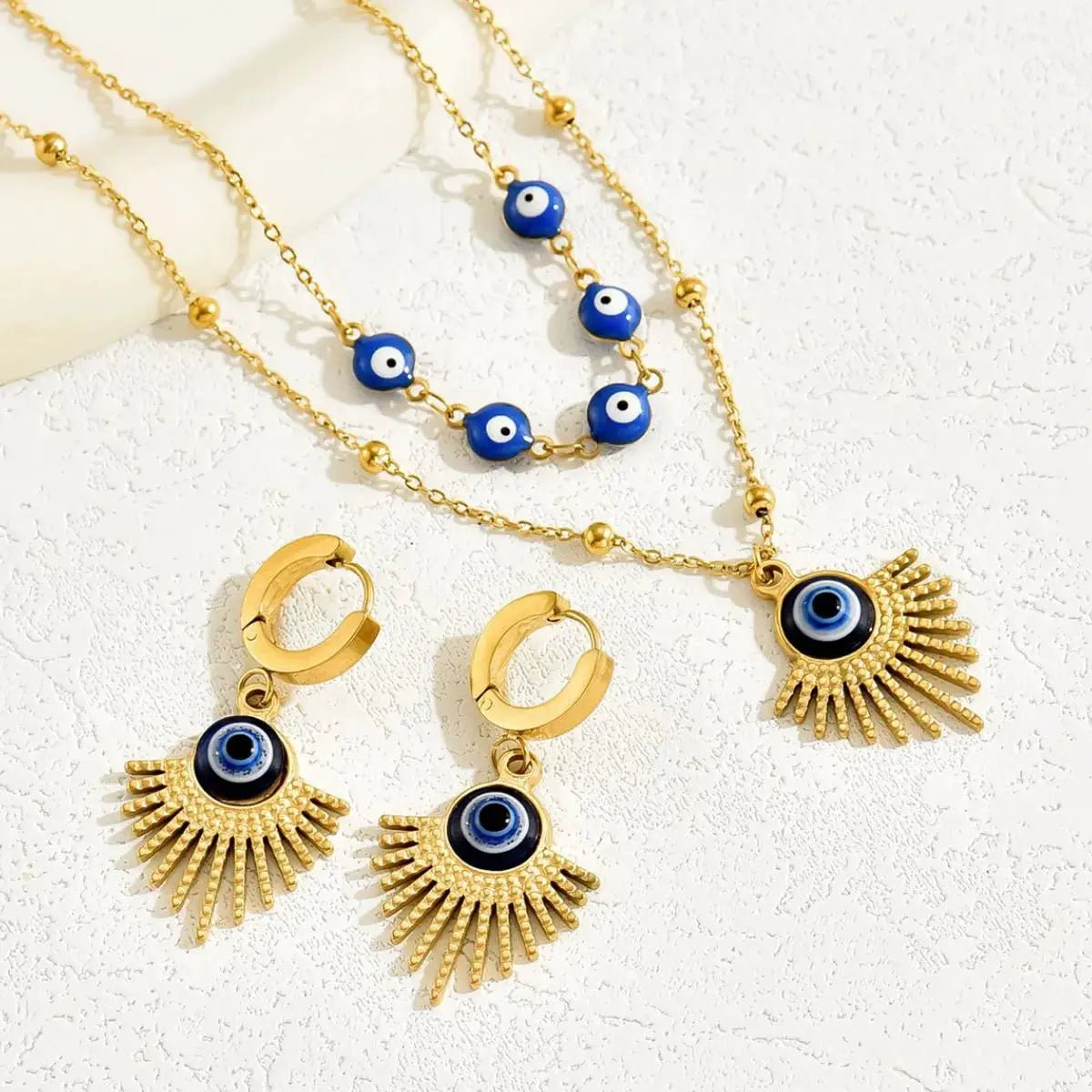 18K Gold Plated Resin Necklace and Earrings Set With Evil Eye Beads - Fritsch & Co.