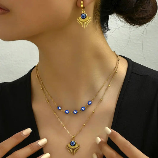 18K Gold Plated Resin Necklace and Earrings Set With Evil Eye Beads - Fritsch & Co.