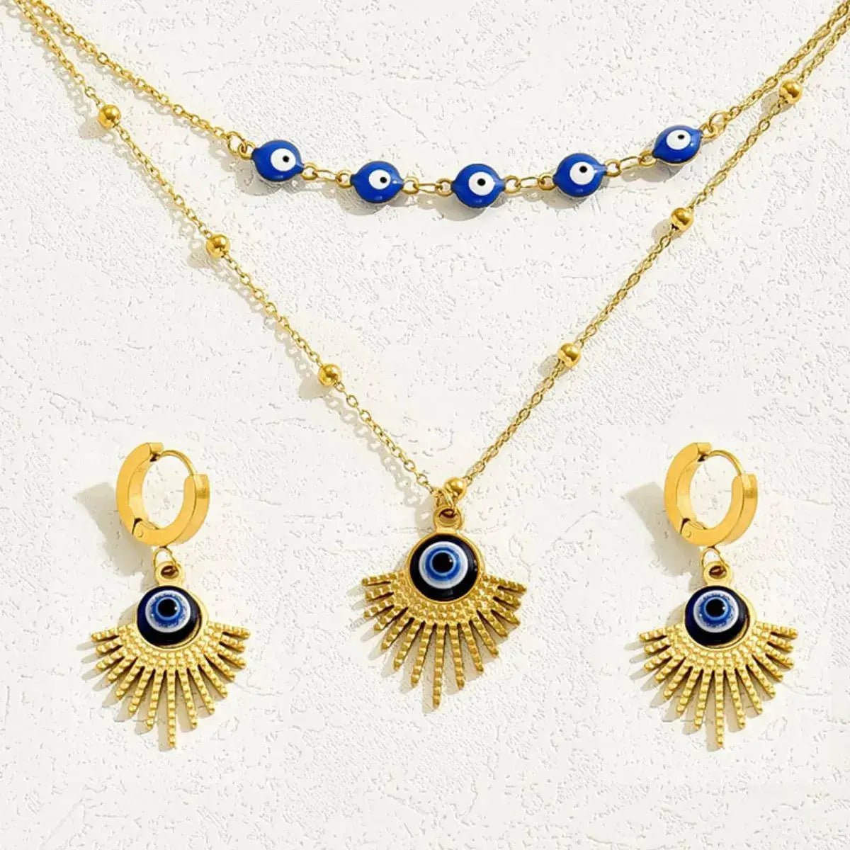 18K Gold Plated Resin Necklace and Earrings Set With Evil Eye Beads - Fritsch & Co.