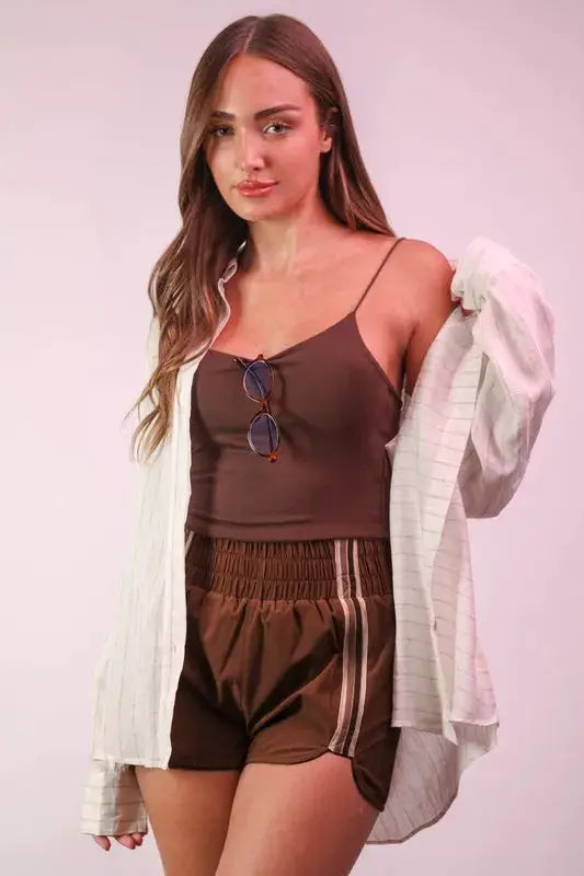 VERY J Striped Trim Detail Activewear Shorts by Trendsi