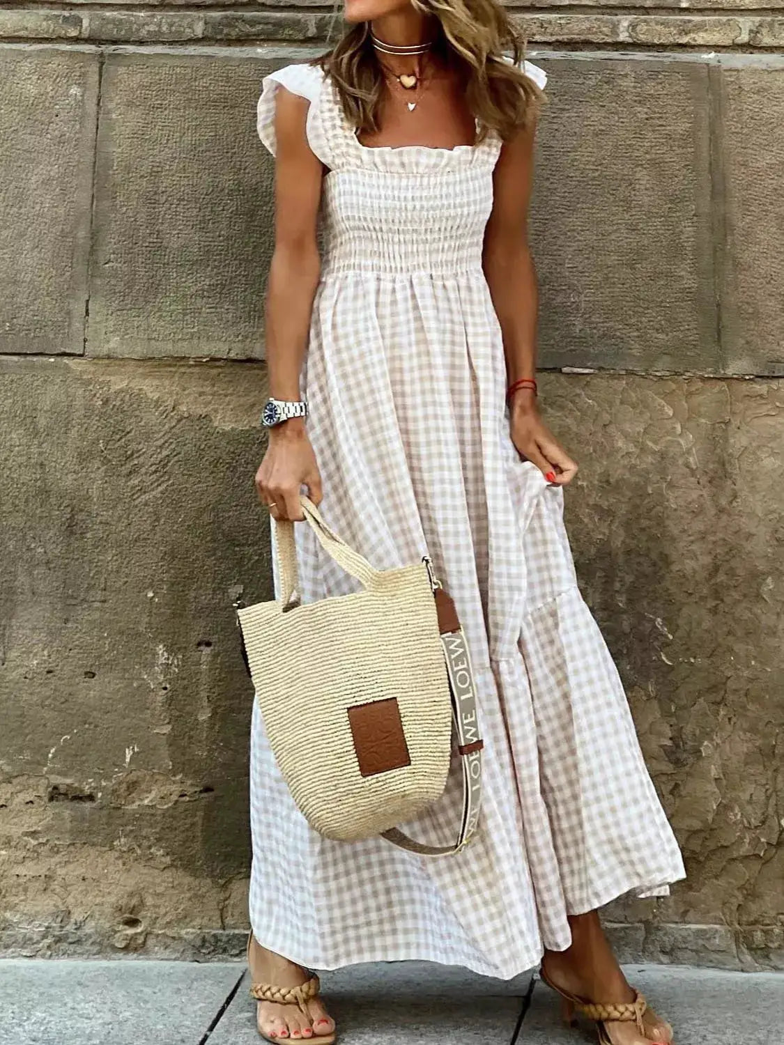 Full Size Gingham Smocked Ruffle Maxi Dress Plus Size by Trendsi
