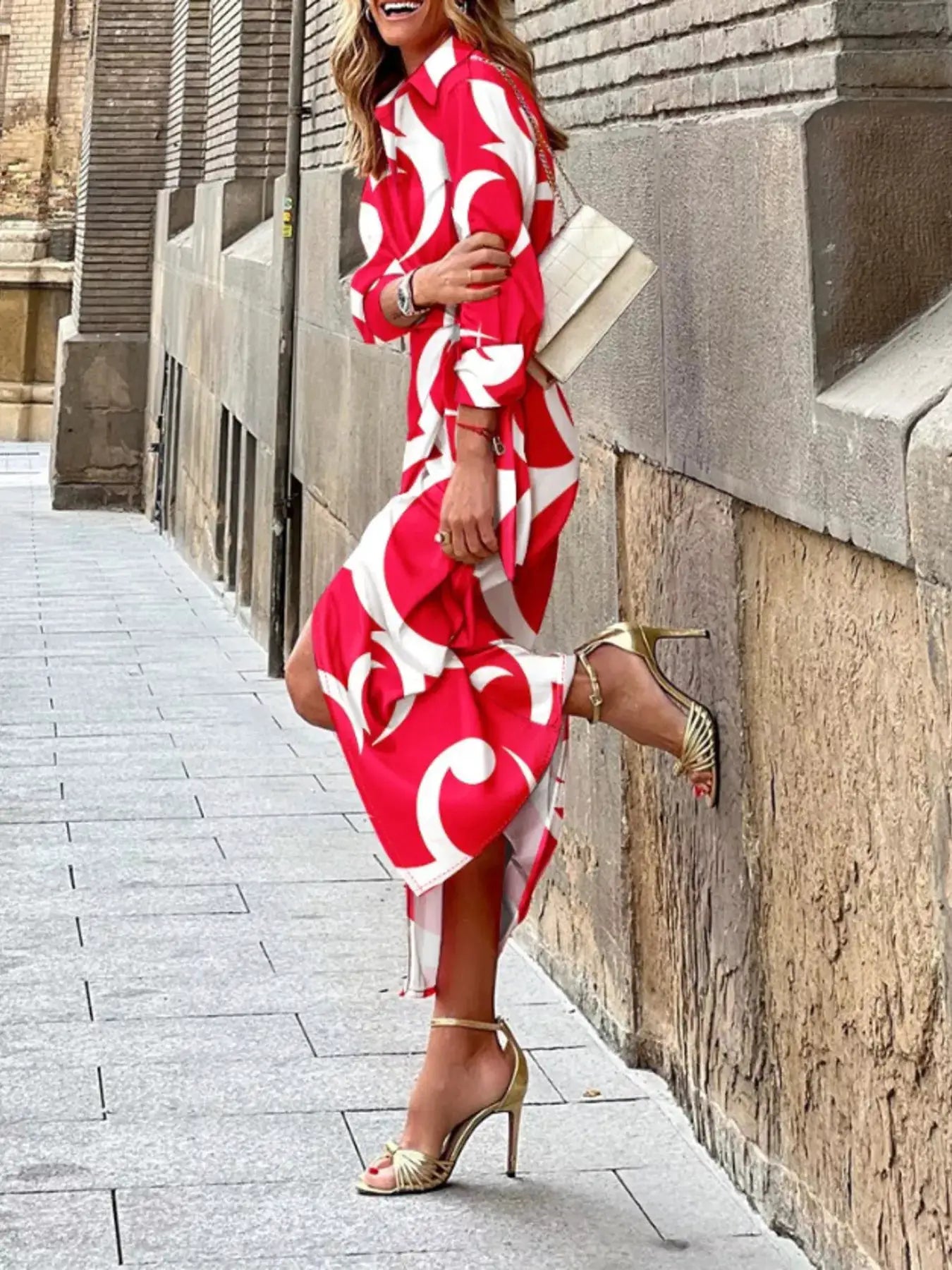Printed Collared Neck Shirt Dress by Trendsi