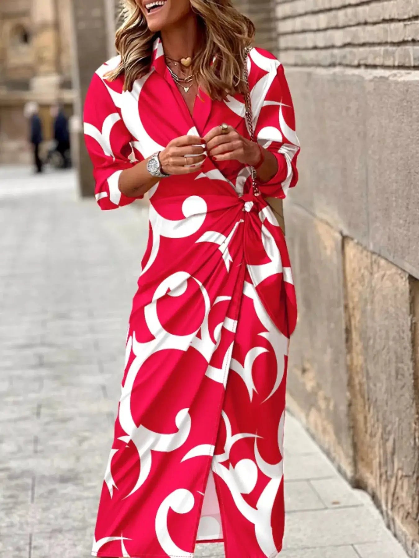 Printed Collared Neck Shirt Dress by Trendsi