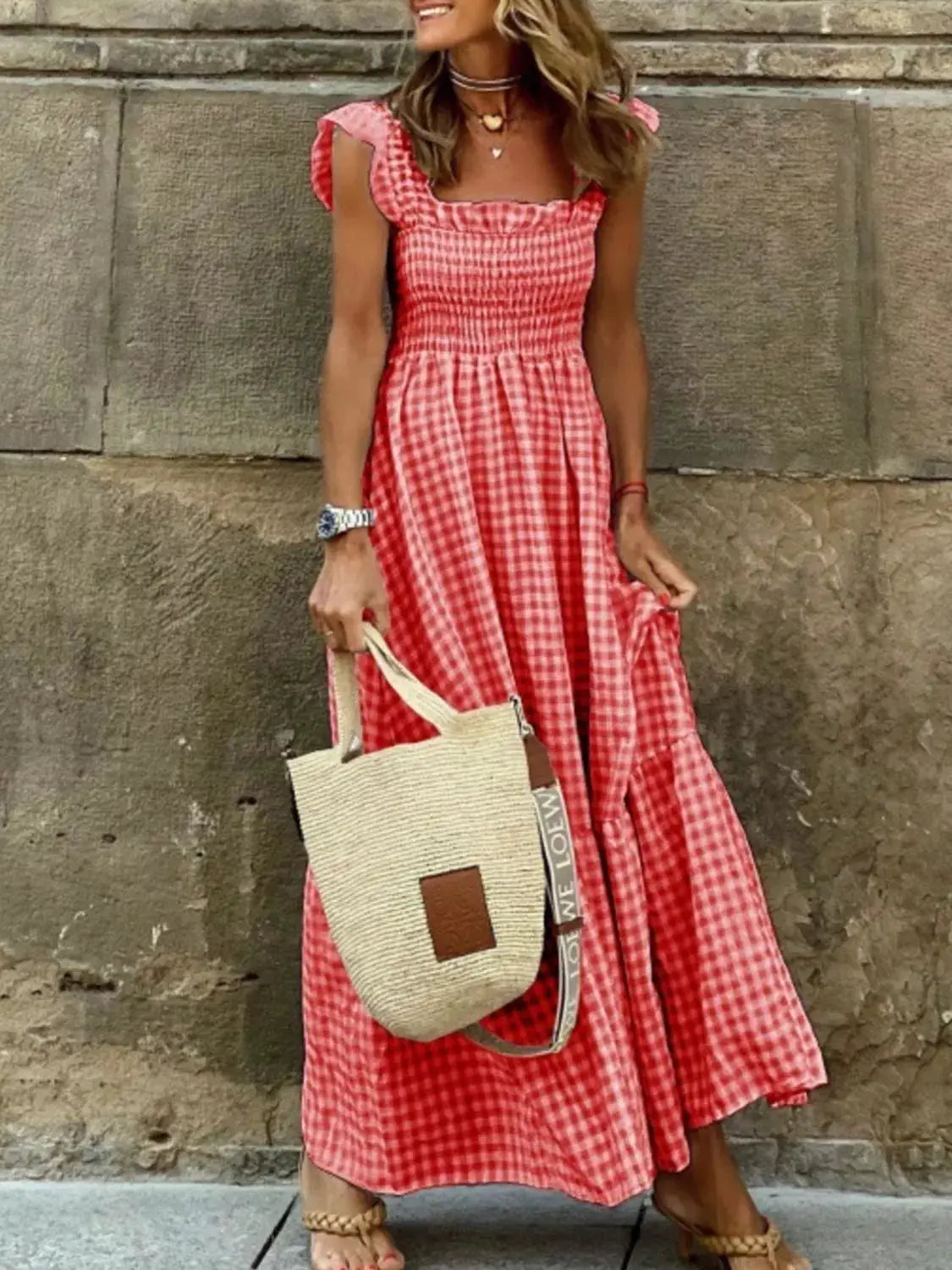 Full Size Gingham Smocked Ruffle Maxi Dress Plus Size by Trendsi