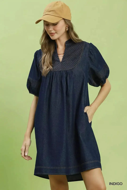 Umgee Notched Puff Sleeve Mini Dress with Pockets by Trendsi