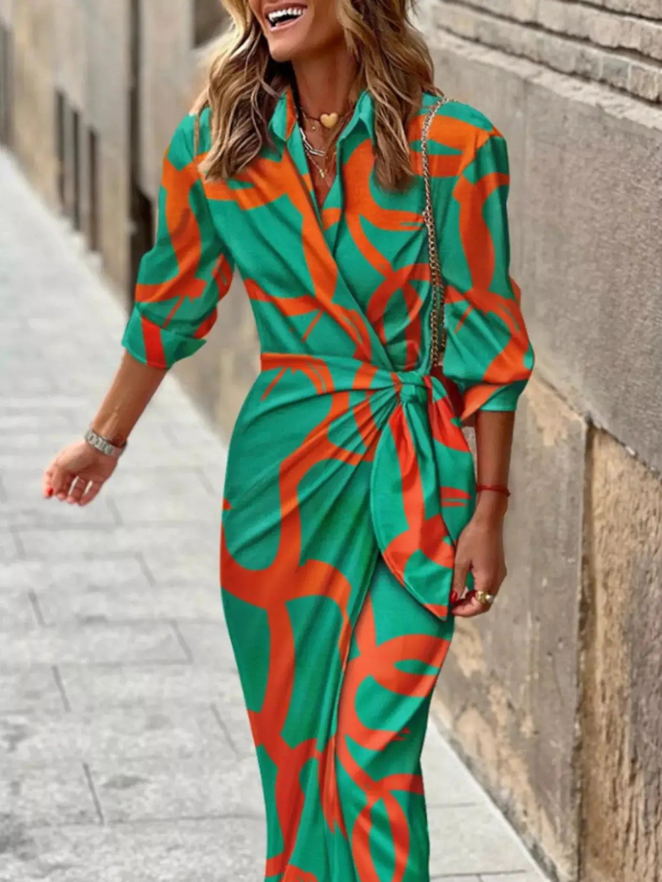 Printed Collared Neck Shirt Dress by Trendsi