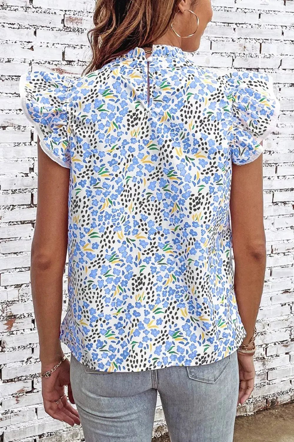 Abstract Print High Neck Flutter Sleeve Frill Blouse Polyester - Fritsch & Co.