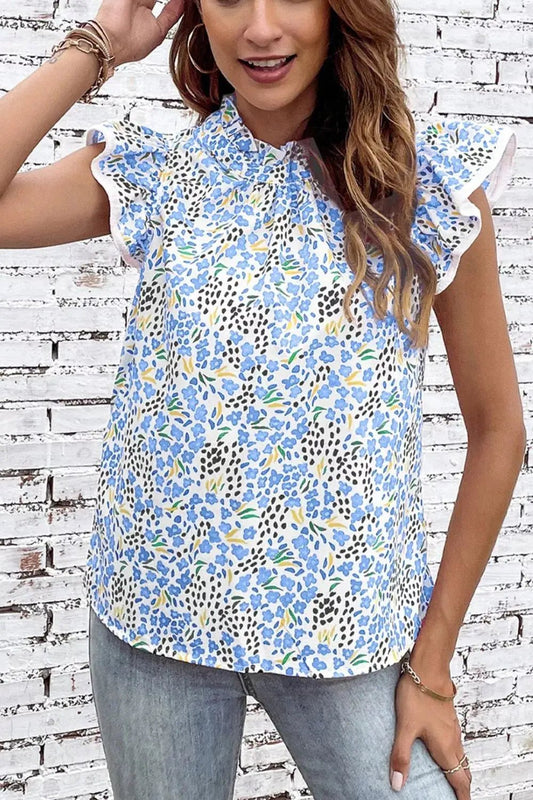 Abstract Print High Neck Flutter Sleeve Frill Blouse Polyester - Fritsch & Co.