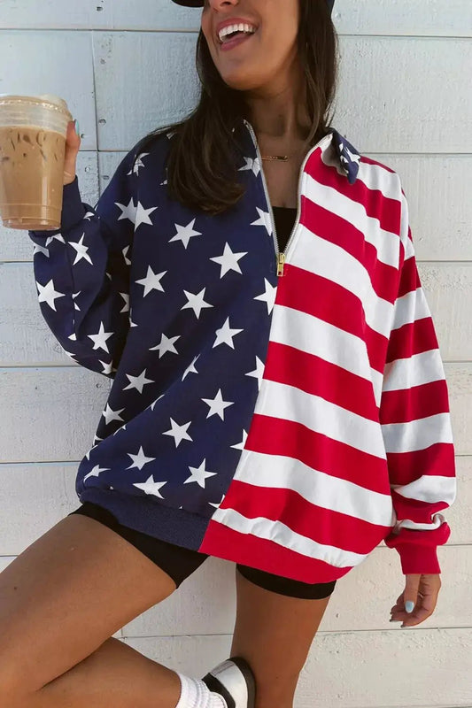 American Flag Print Half Zip Sweatshirt For Women Casual Everyday Wear - Fritsch & Co.