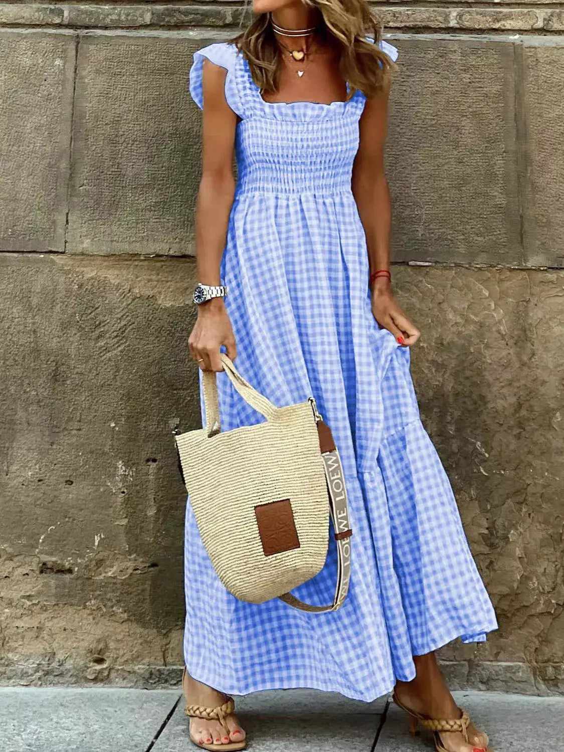 Full Size Gingham Smocked Ruffle Maxi Dress Plus Size by Trendsi