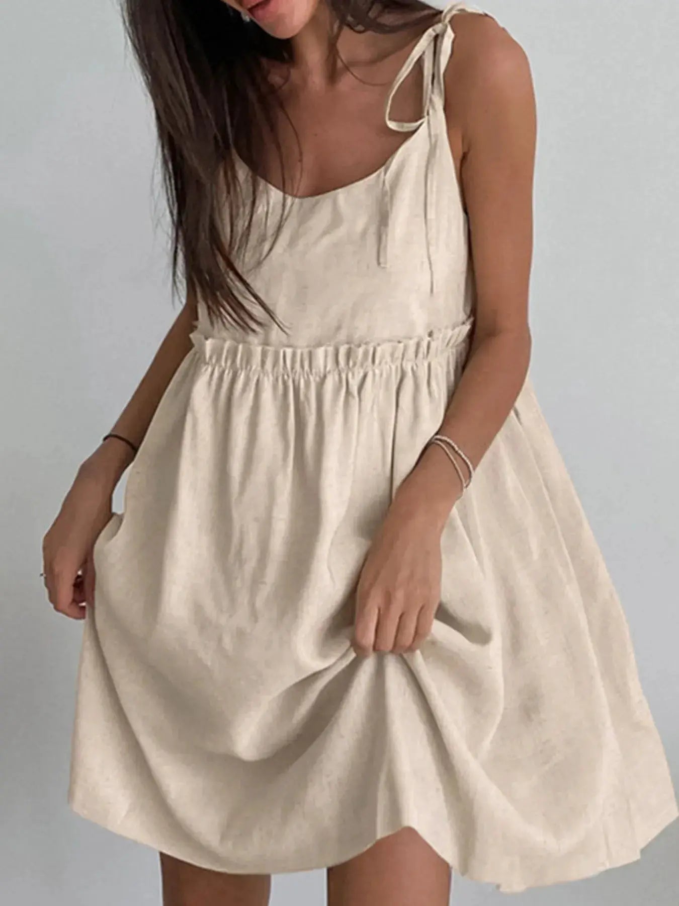 Beige Cotton Tie Shoulder Frill Mini Dress for Summer - Fritsch & Co.