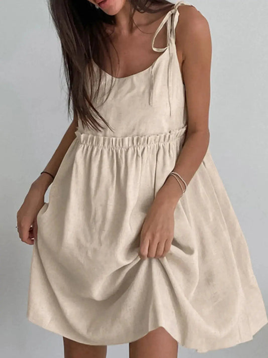 Beige Cotton Tie Shoulder Frill Mini Dress for Summer - Fritsch & Co.