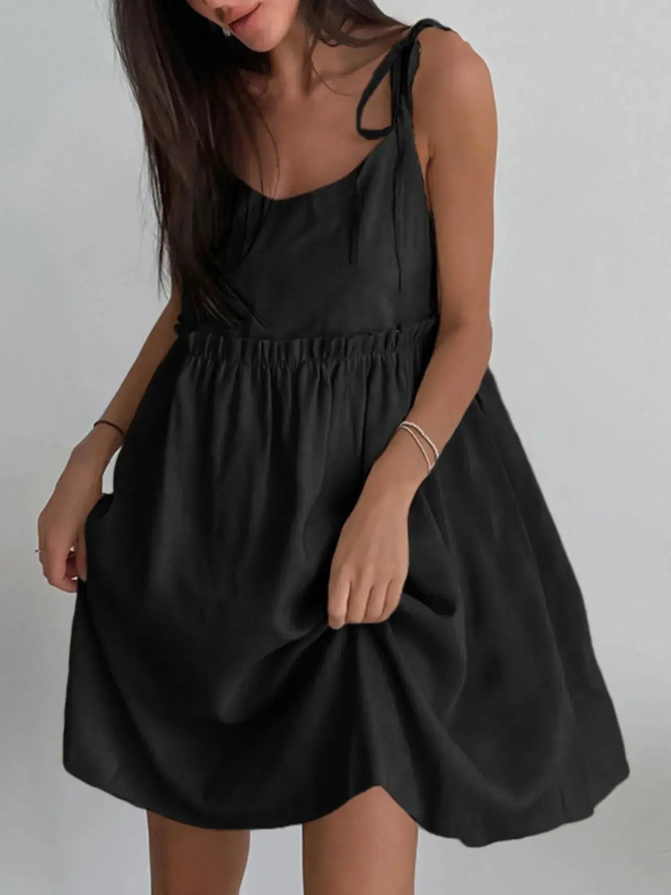 Beige Cotton Tie Shoulder Frill Mini Dress for Summer - Fritsch & Co.