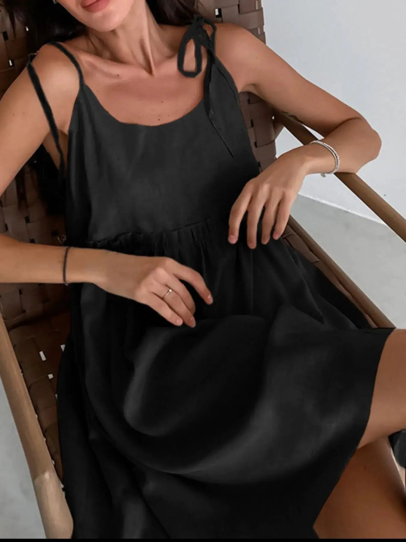 Beige Cotton Tie Shoulder Frill Mini Dress for Summer - Fritsch & Co.