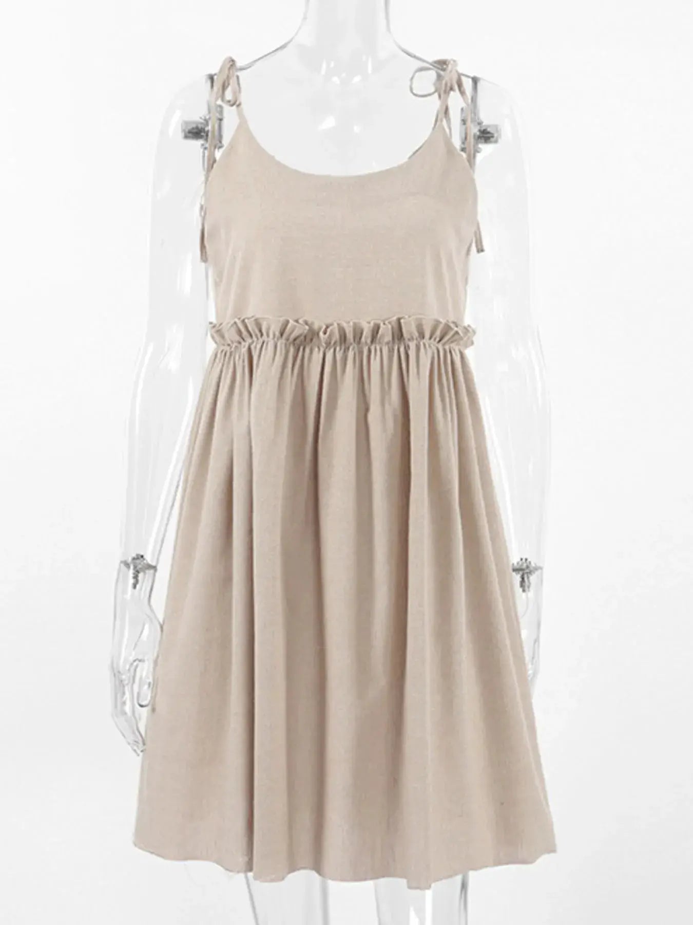 Beige Cotton Tie Shoulder Frill Mini Dress for Summer - Fritsch & Co.