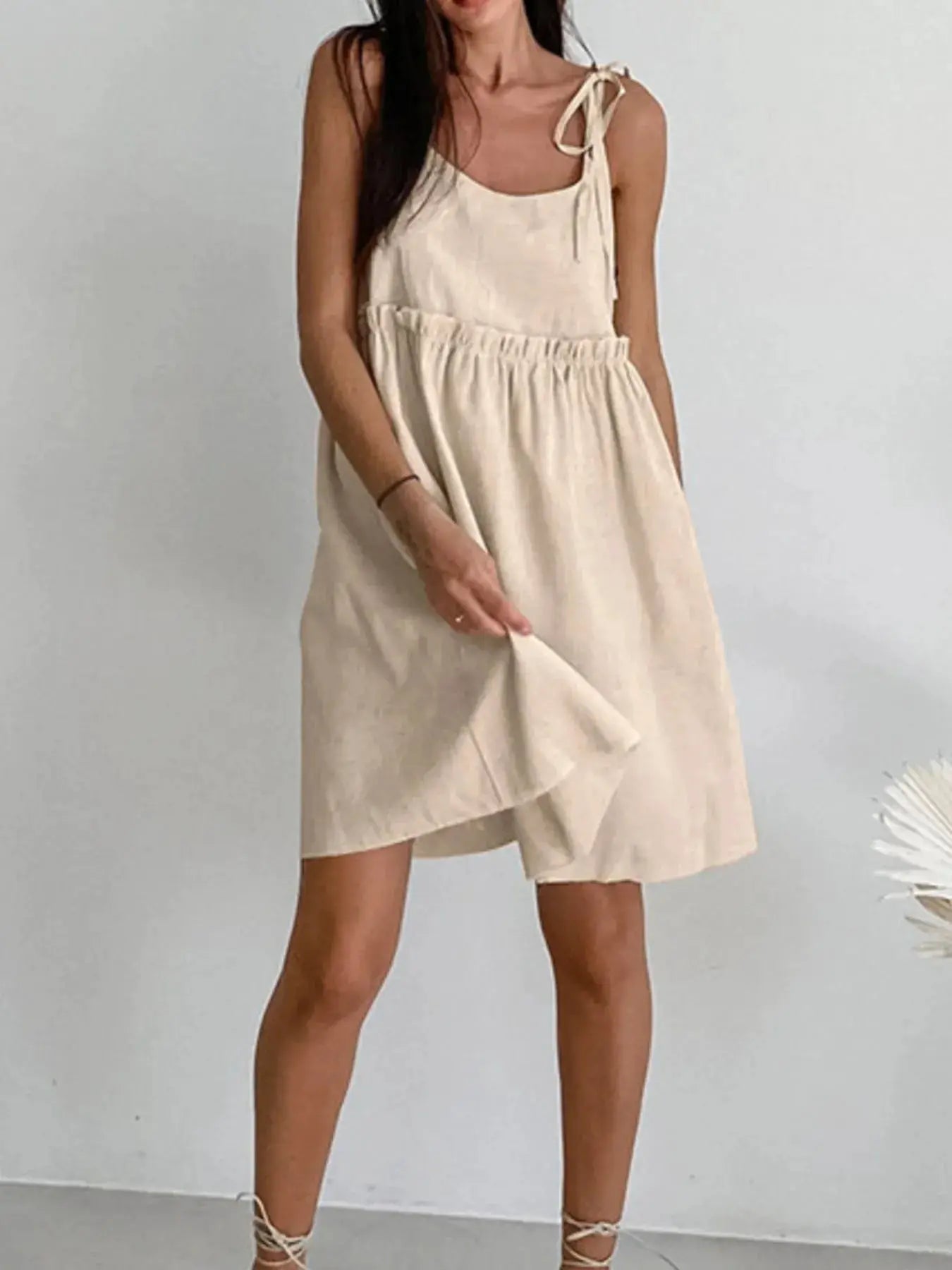 Beige Cotton Tie Shoulder Frill Mini Dress for Summer - Fritsch & Co.