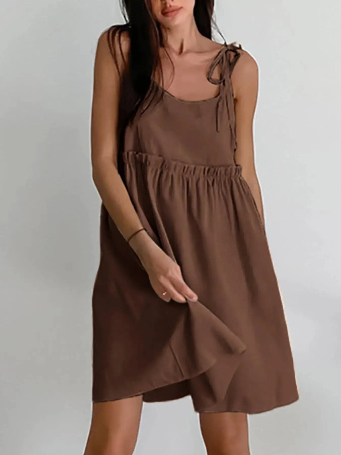 Beige Cotton Tie Shoulder Frill Mini Dress for Summer - Fritsch & Co.