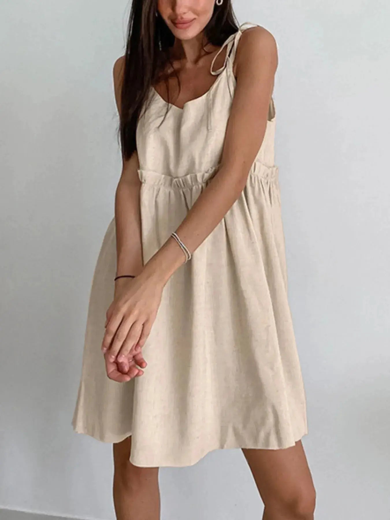 Beige Cotton Tie Shoulder Frill Mini Dress for Summer - Fritsch & Co.