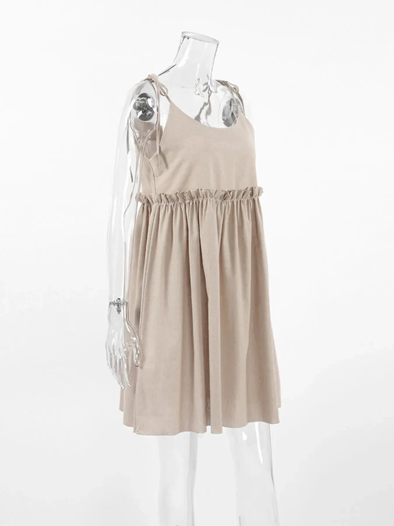 Beige Cotton Tie Shoulder Frill Mini Dress for Summer - Fritsch & Co.