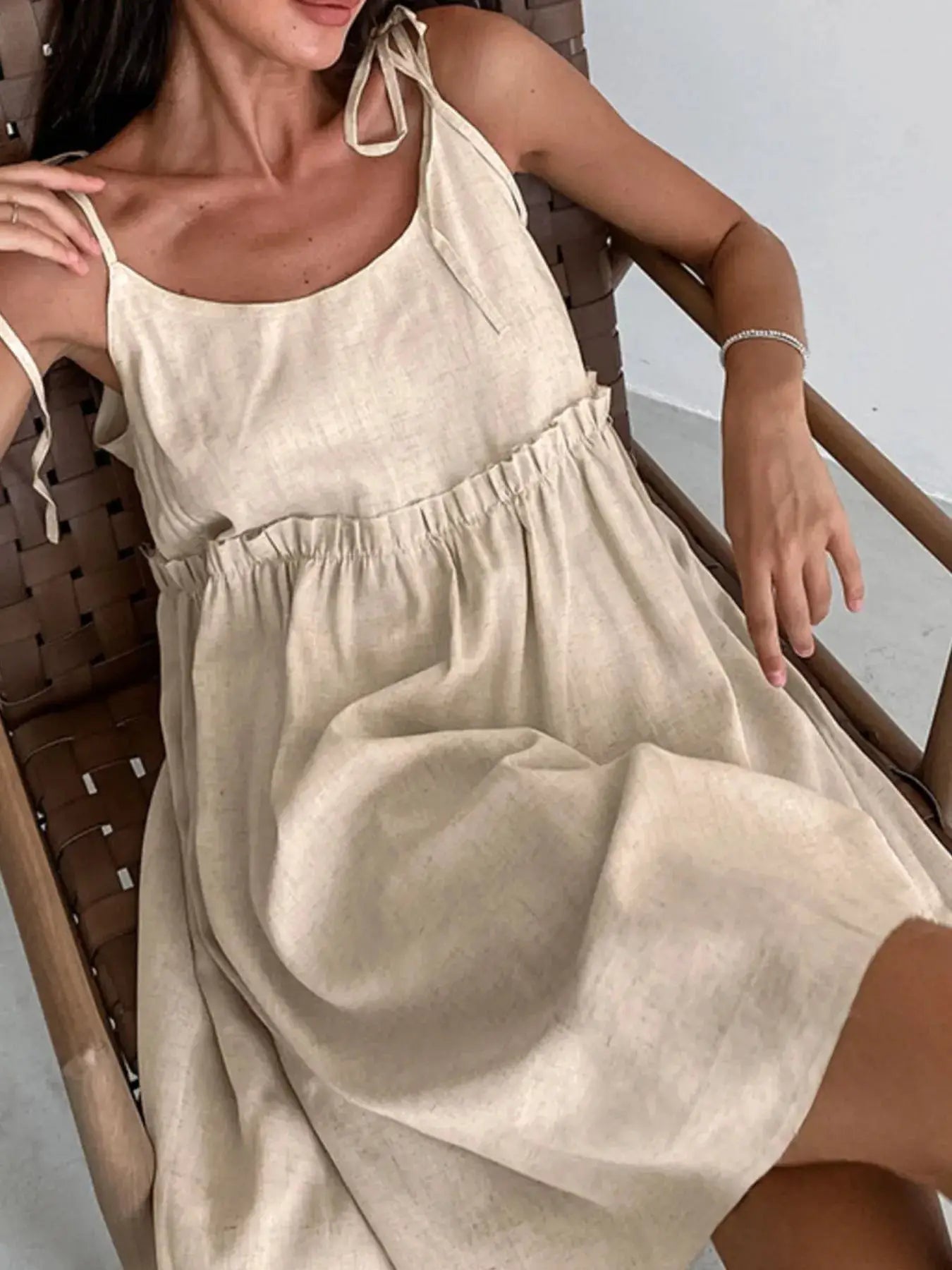 Beige Cotton Tie Shoulder Frill Mini Dress for Summer - Fritsch & Co.