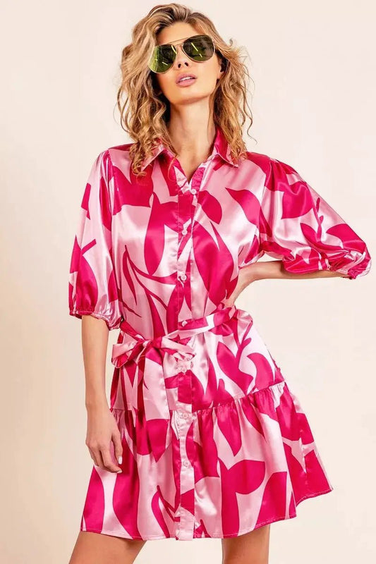 BiBi Leaf Pattern Collared Satin Dress - Fritsch & Co.