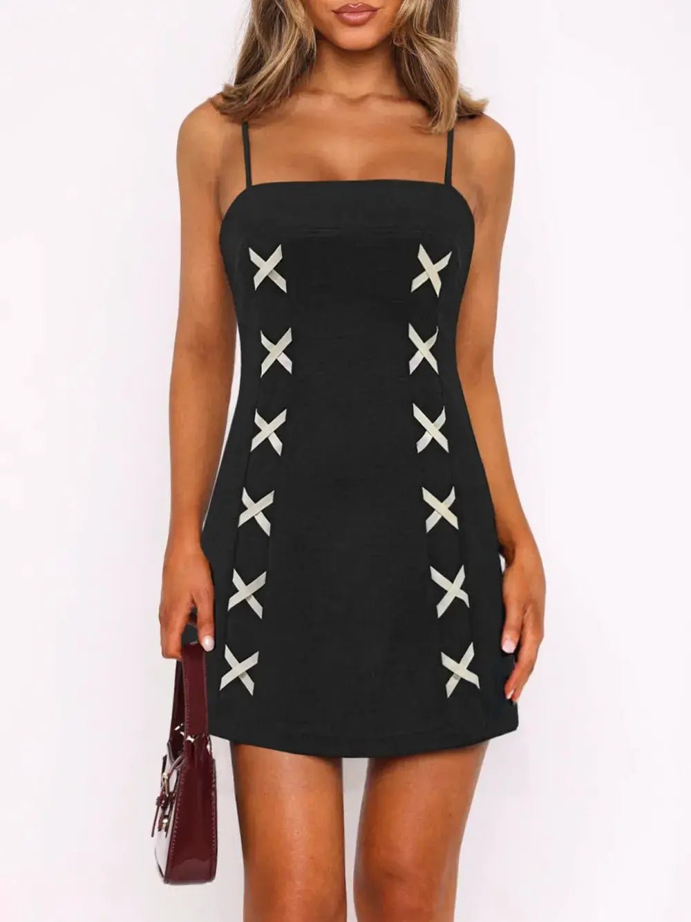 Black Contrast Mini Cami Dress With Crisscross Side Detailing - Fritsch & Co.