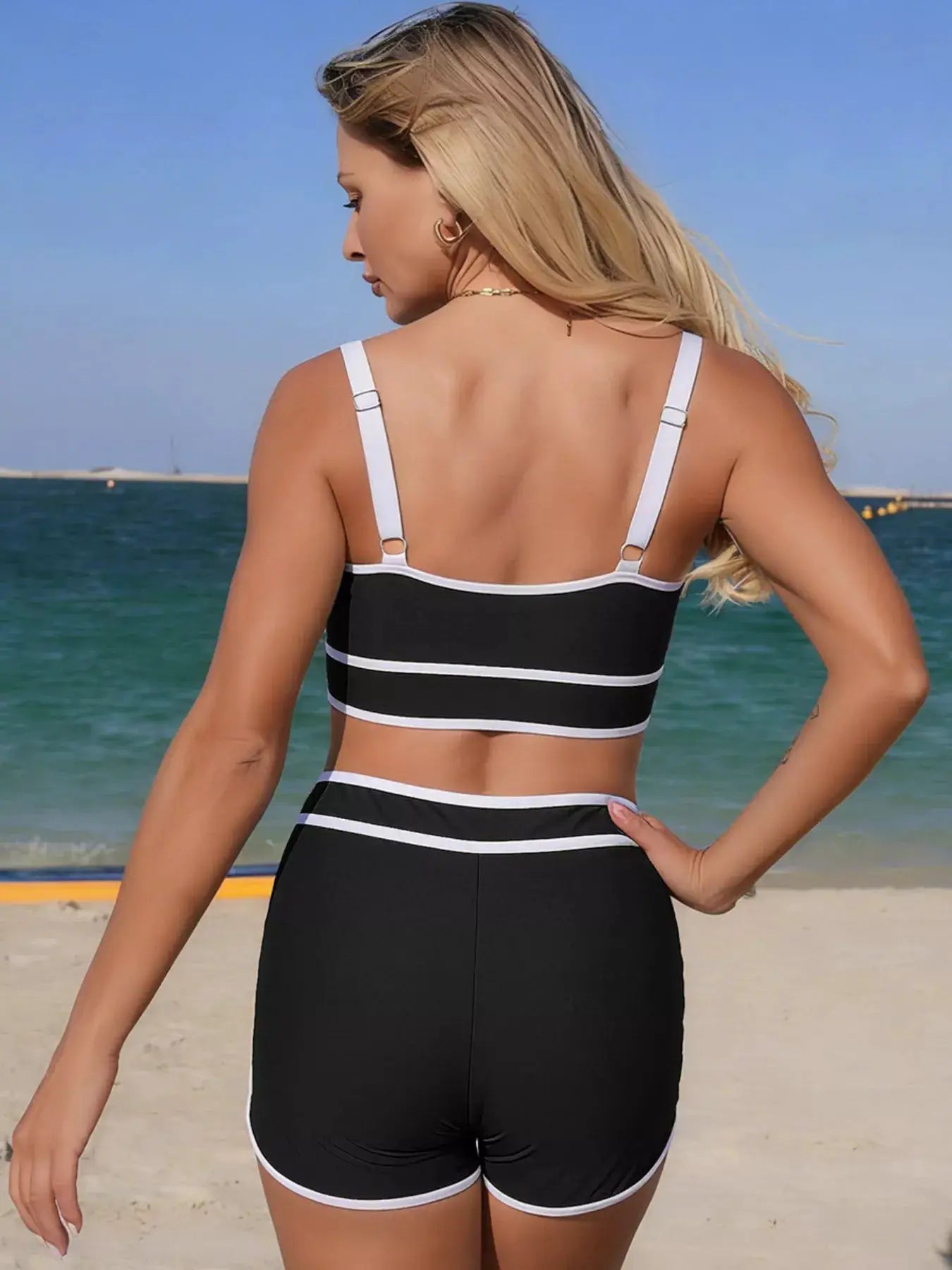 Black Contrast Trim Scoop Neck Two Piece Swim Set With Removable Pads - Fritsch & Co.