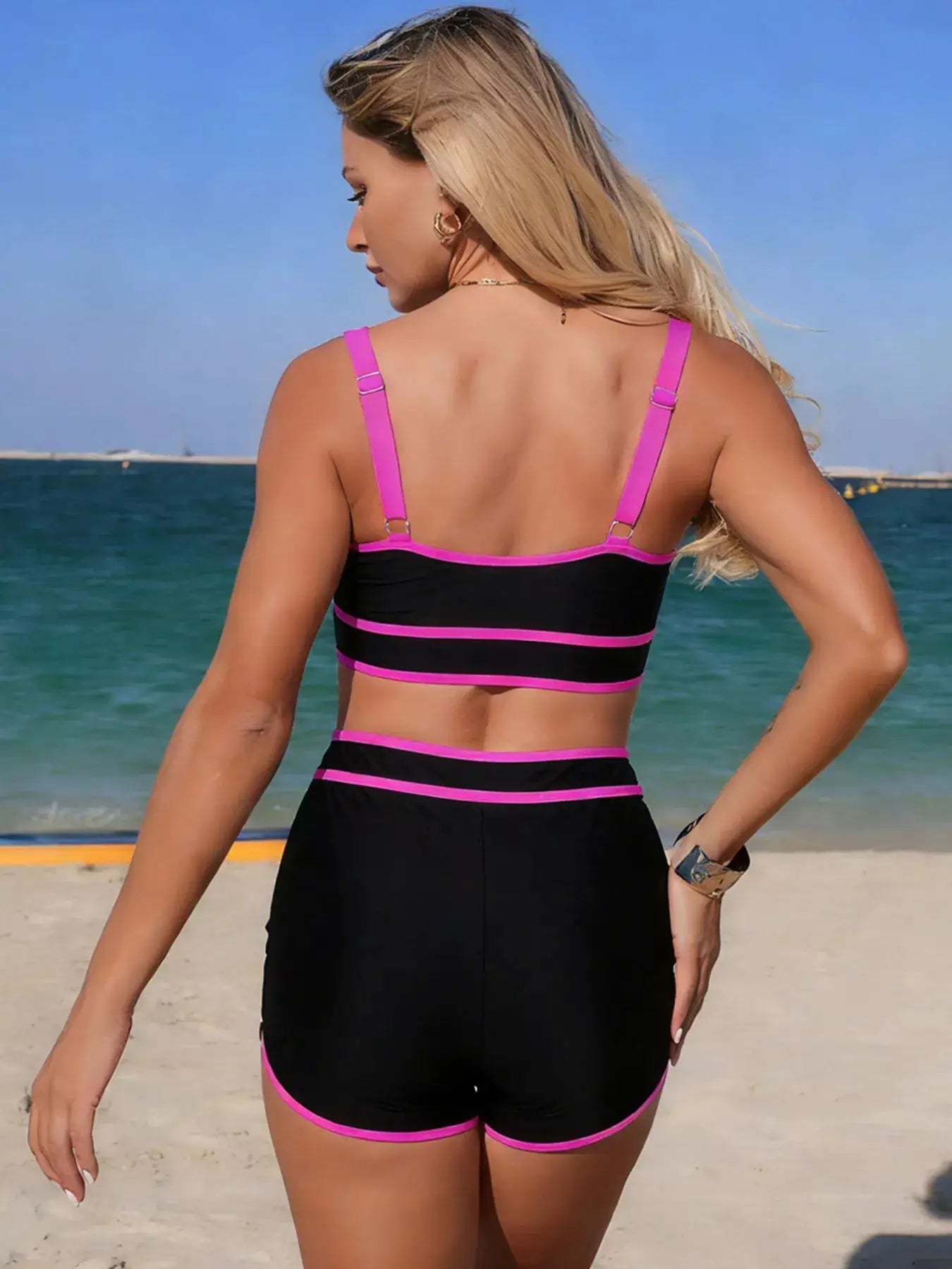 Black Contrast Trim Scoop Neck Two Piece Swim Set With Removable Pads - Fritsch & Co.