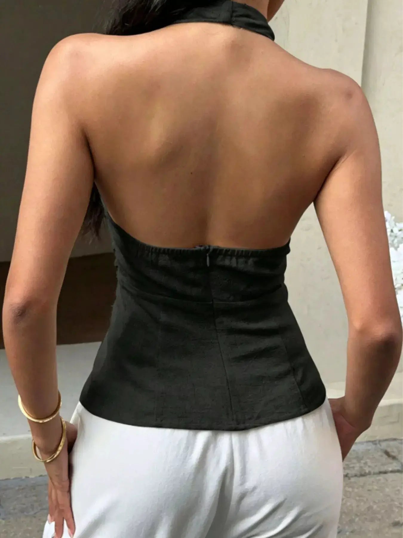 Black Halter Neck Tank Top With Zipper Detail And Wrap Waist - Fritsch & Co.
