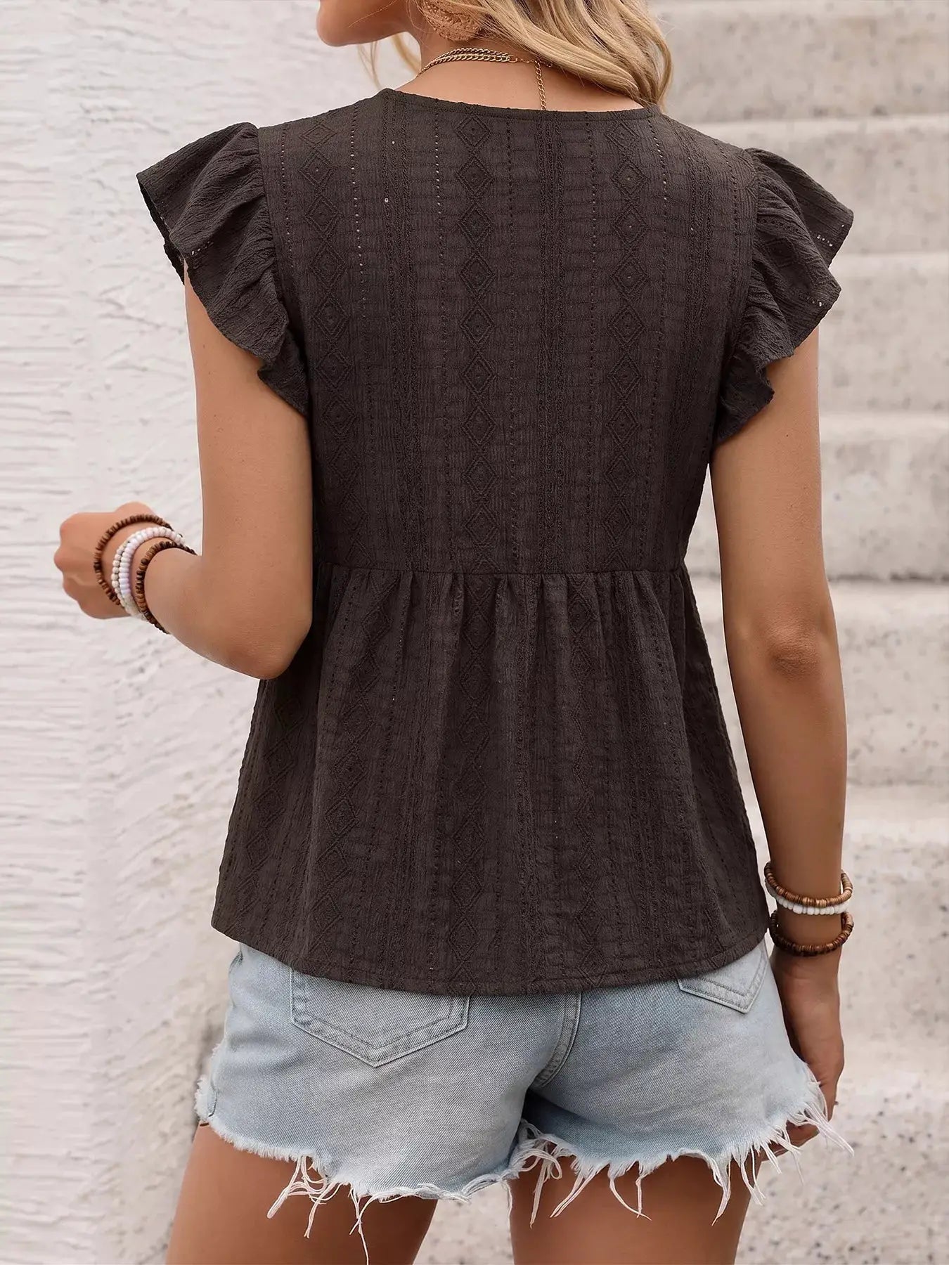 Black Lace Detail Ruffle Sleeve V Neck Blouse For Summer Wear - Fritsch & Co.