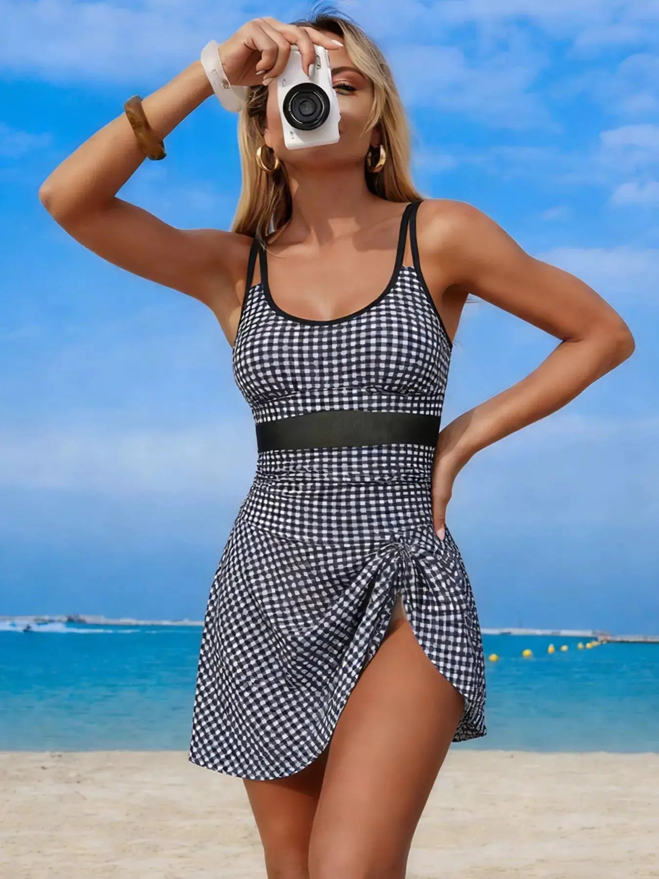 Black Mesh Panel Scoop Neck One Piece Swimsuit With Removable Padding - Fritsch & Co.