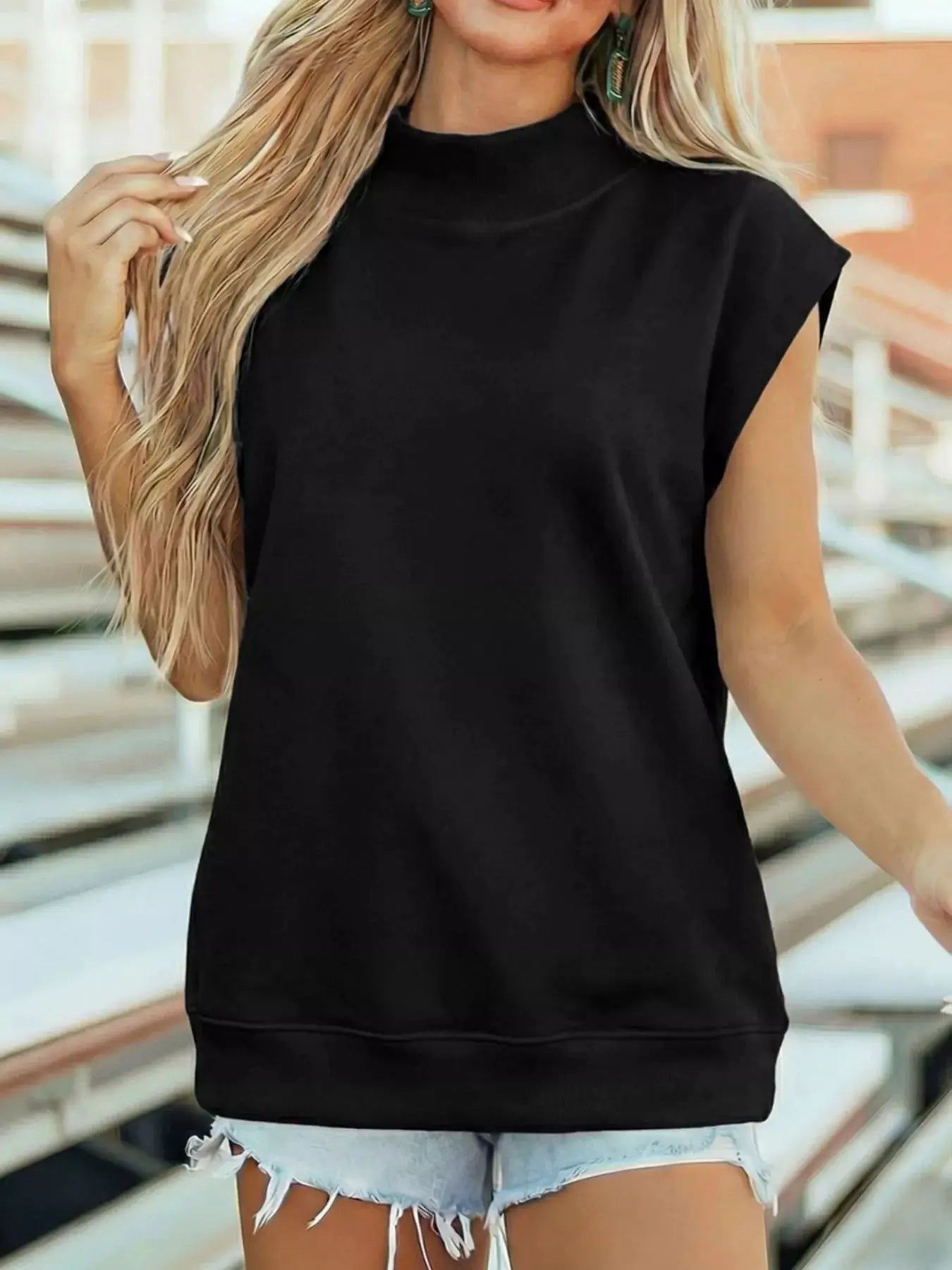 Black Mock Neck Cap Sleeve Blouse For Women Casual Office Top - Fritsch & Co.