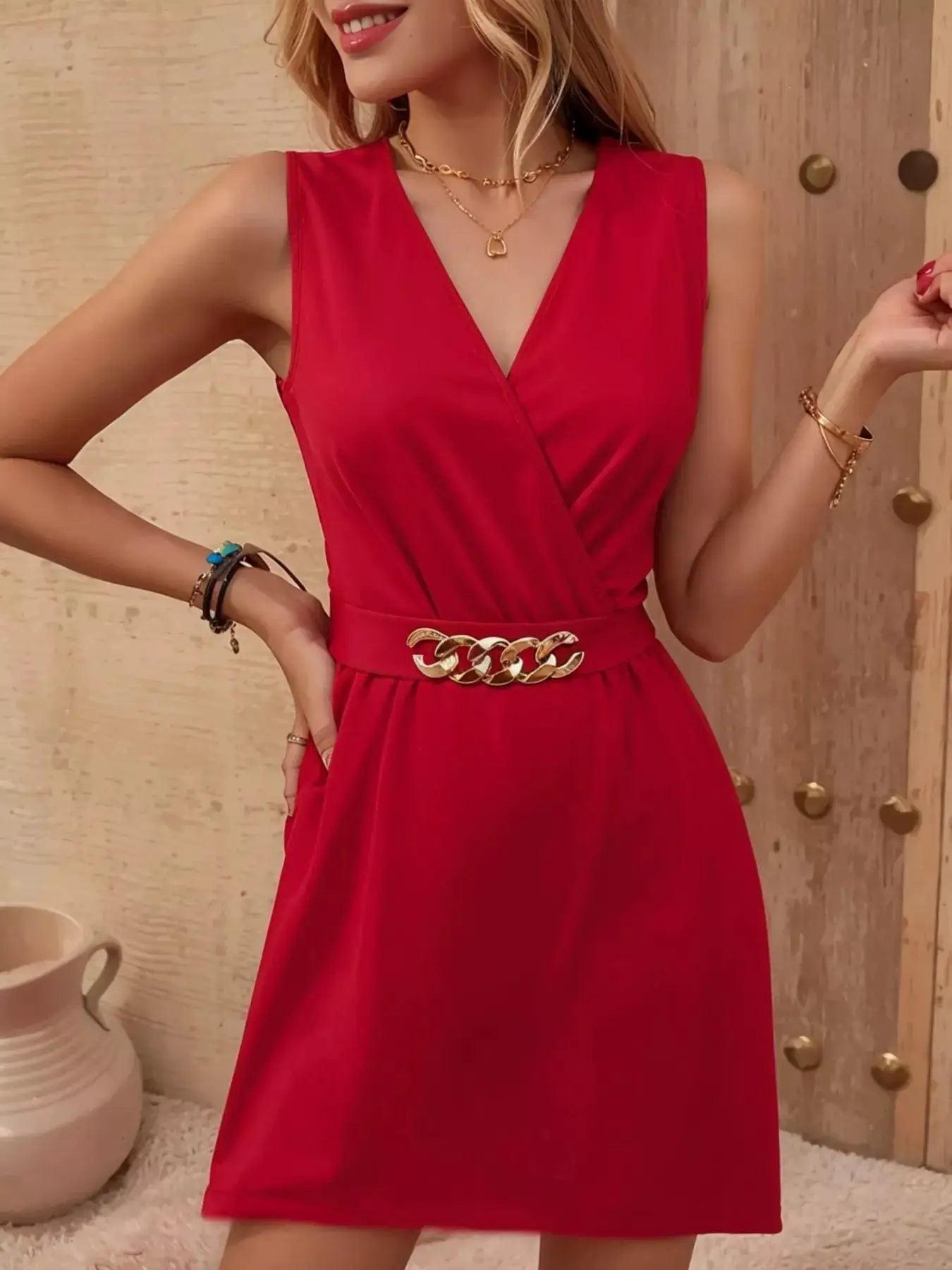 Black Surplice Sleeveless Mini Dress With Pockets 100 Percent Polyester - Fritsch & Co.